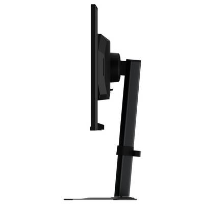 Eine Seitenansicht eines schlanken, modernen Computermonitors auf einem Ständer, der seine dünne Silhouette und verstellbare Höhenfunktion präsentiert.