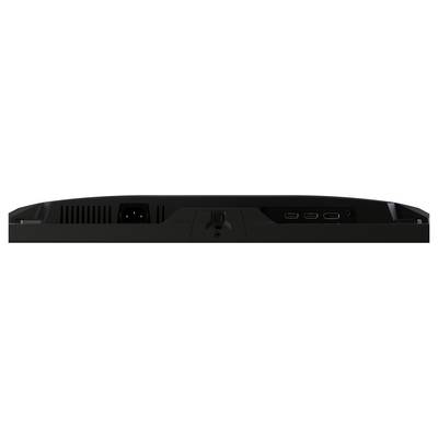 Rückansicht eines schwarzen Computermonitors mit Stromanschluss, drei HDMI-Anschlüssen und Lüftungsschlitzen.