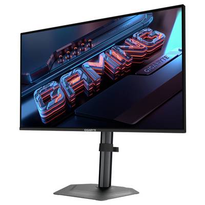 Das Bild zeigt die Rückansicht eines schwarzen Computermonitors auf einem Ständer, beschriftet mit 'Gigabyte', und betont dessen schlankes und modernes Design.