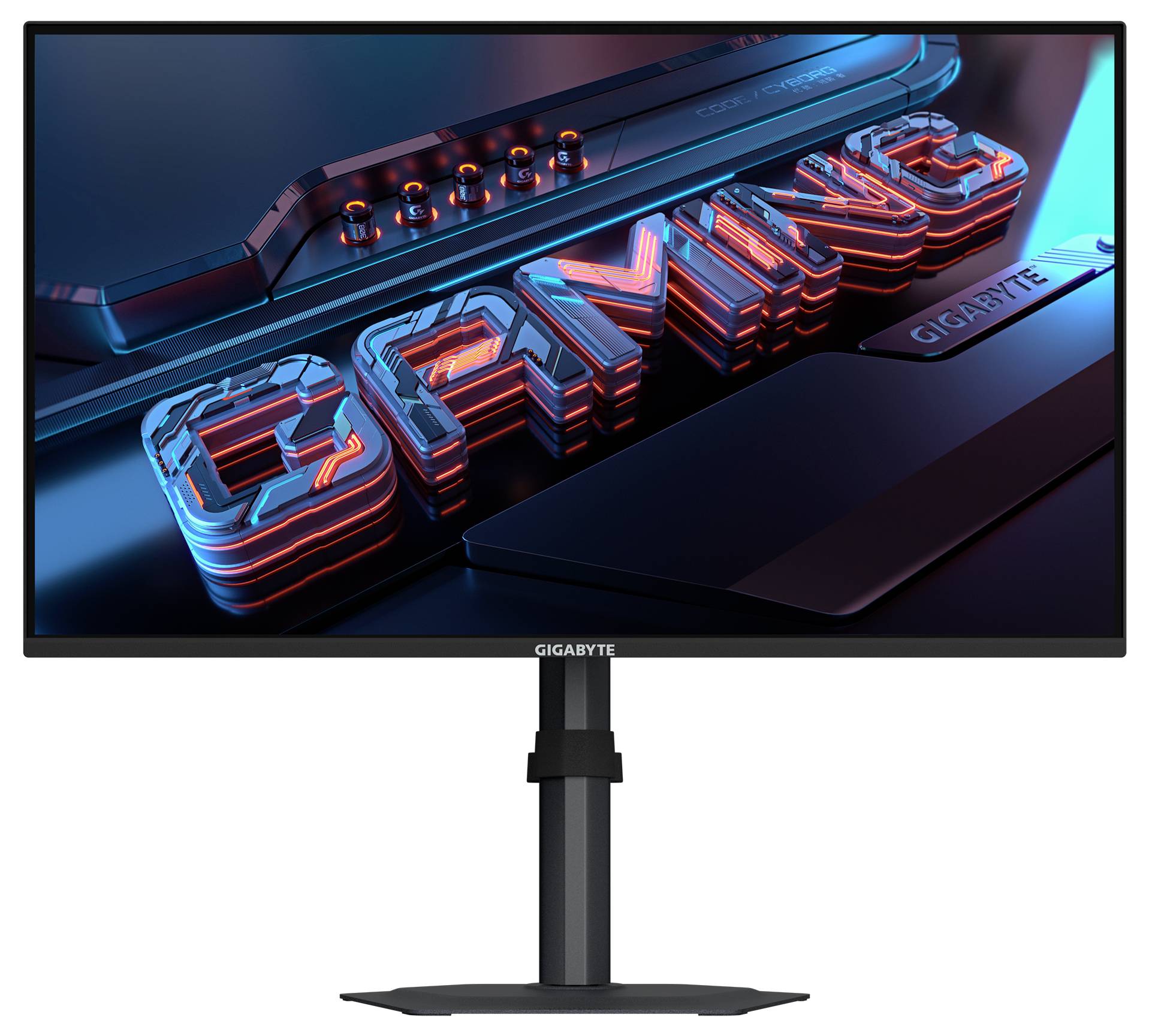 Ein schwarzer Computermonitor von hinten gesehen, der seinen Standfuß und Befestigungszubehör zeigt, mit der Aufschrift "GIGABYTE" auf der Rückseite.