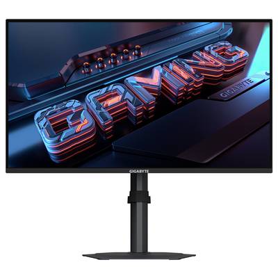 Ein schwarzer Computermonitor von hinten gesehen, der seinen Standfuß und Befestigungszubehör zeigt, mit der Aufschrift "GIGABYTE" auf der Rückseite.