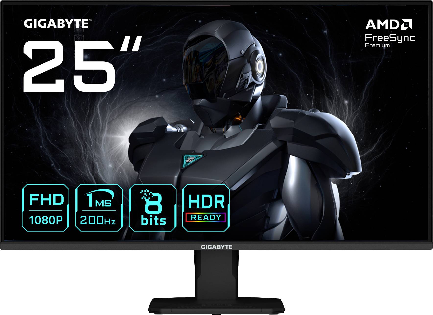 25-Zoll Gigabyte Monitor Display mit AMD FreeSync, 1080p Auflösung, 200 Hz Bildwiederholrate, 1 ms Reaktionszeit, 8-Bit-Farbe, HDR-bereit.