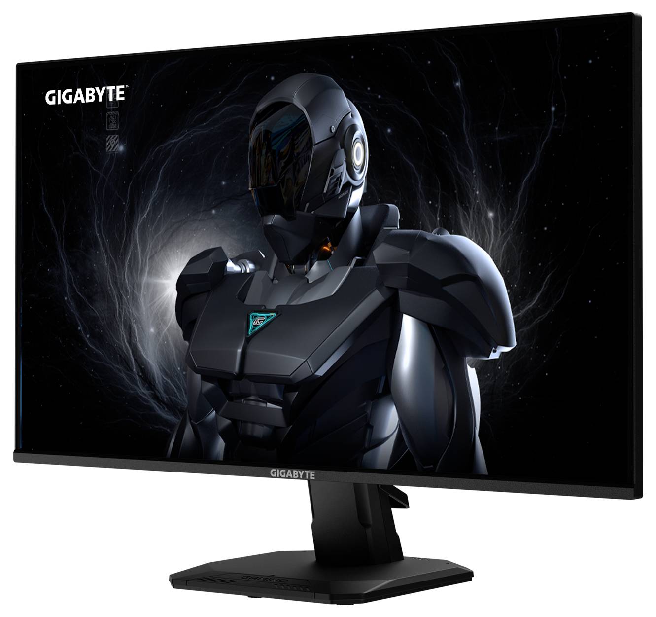 Ein GIGABYTE-Monitor, der ein Bild eines futuristischen, gepanzerten Roboters vor einem wirbelnden, dunklen kosmischen Hintergrund zeigt.