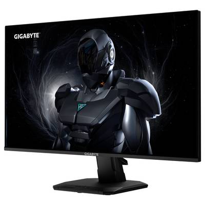 Ein GIGABYTE-Monitor, der ein Bild eines futuristischen, gepanzerten Roboters vor einem wirbelnden, dunklen kosmischen Hintergrund zeigt.