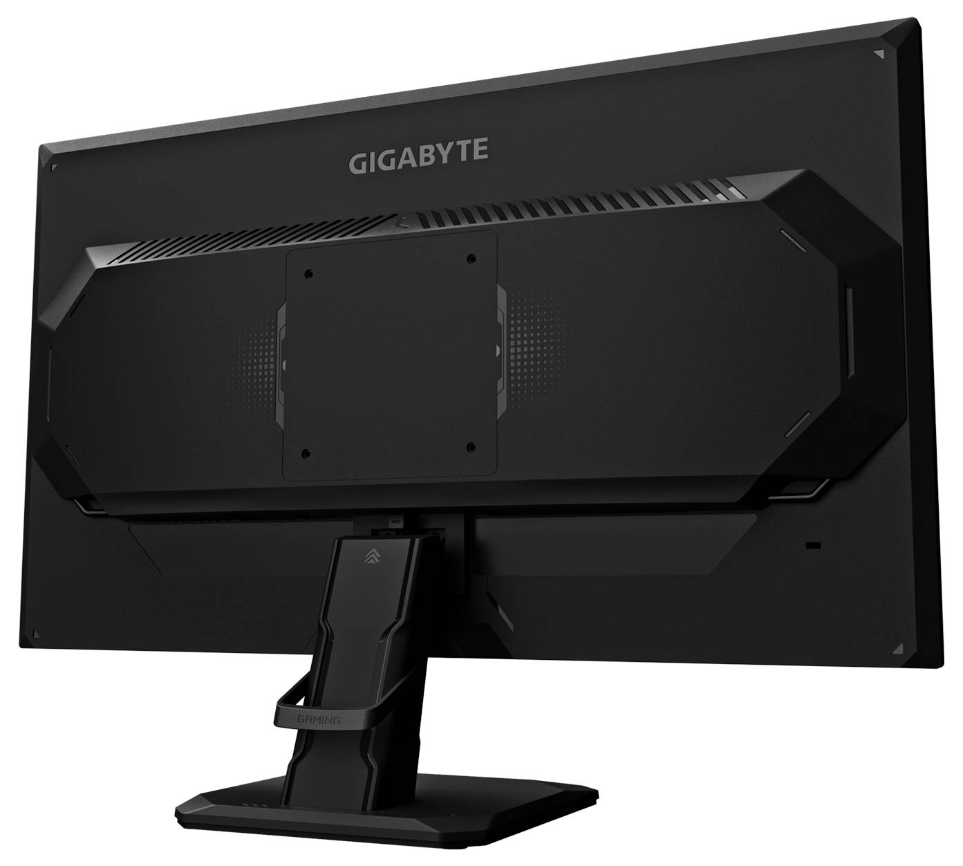 Ein schwarzer Gigabyte-Computermonitor, von hinten betrachtet, der einen Ständer und ein belüftetes Design zeigt. Es ist kein Bildschirminhalt sichtbar.