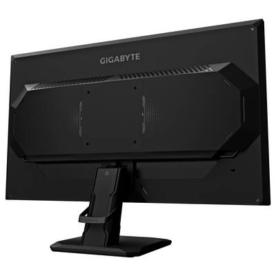 Ein schwarzer Gigabyte-Computermonitor, von hinten betrachtet, der einen Ständer und ein belüftetes Design zeigt. Es ist kein Bildschirminhalt sichtbar.