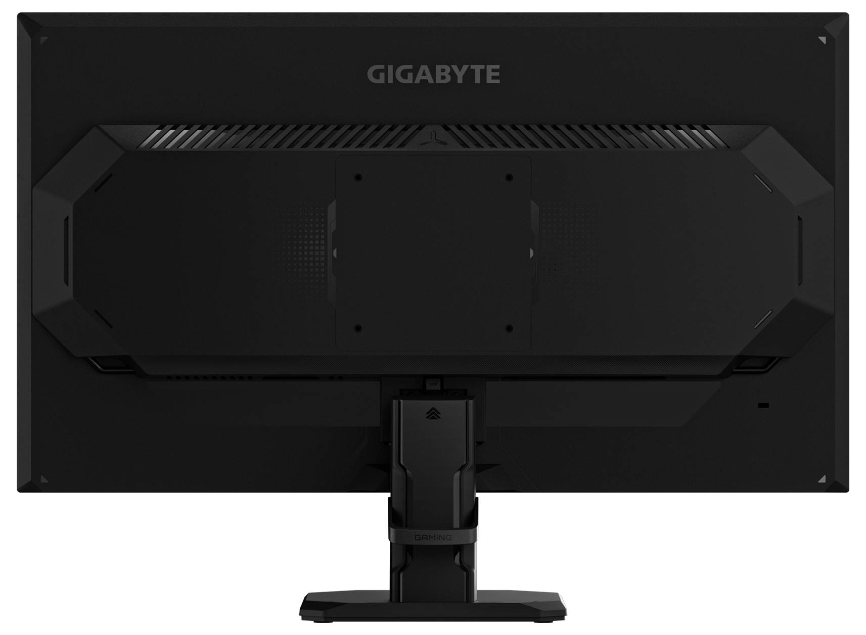 Ein schwarzer Gigabyte-Computermonitor, von hinten betrachtet, mit elegantem Design und einem zentralen Ständer.