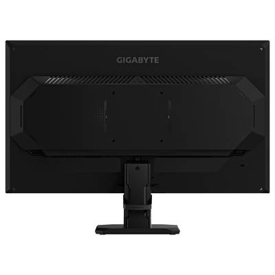 Ein schwarzer Gigabyte-Computermonitor, von hinten betrachtet, mit elegantem Design und einem zentralen Ständer.
