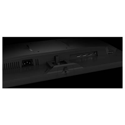 Eine Nahaufnahme der Rückseite eines Monitors, die den Stromanschluss, HDMI-Anschlüsse und eine zentrale Standhalterung mit einigen Belüftungsschlitzen zeigt.