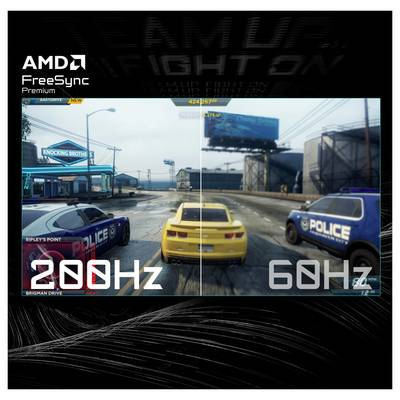 Ein Rennspiel-Vergleich, der ein gelbes Auto zwischen zwei Polizeiautos bei 200 Hz links und 60 Hz rechts zeigt und glattere Grafiken mit AMD FreeSync Premium hervorhebt.