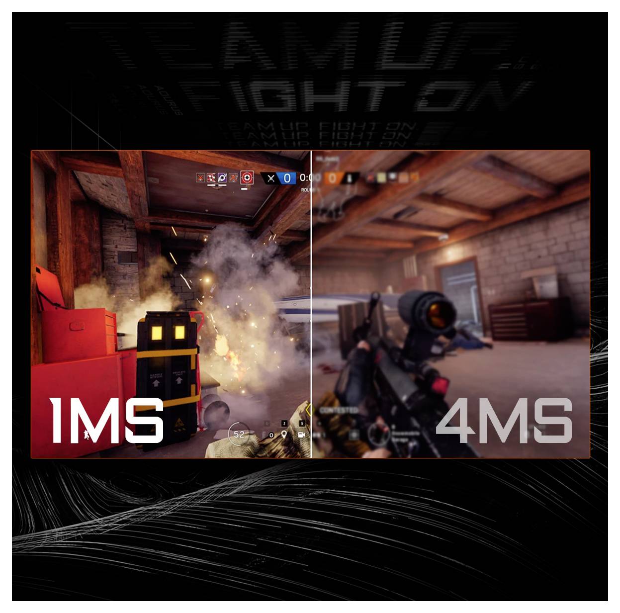 Bildvergleich von Gaming-Erlebnissen: Links zeigt 1ms Reaktionszeit mit klareren Visuals; rechts zeigt 4ms Reaktionszeit mit leicht verschwommener Bewegung.