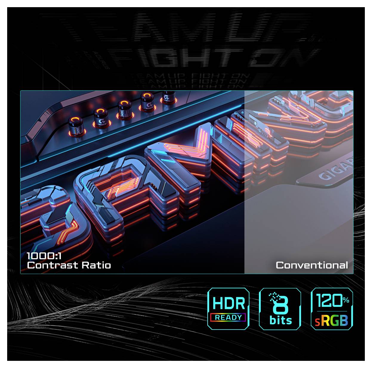 Vergleich von Monitoranzeigen: links zeigt Kontrastrate von 1000:1 mit lebendigen Farben; rechts zeigt konventionellen Bildschirm. Merkmale: HDR-fähig, 8 Bit, 120% sRGB.