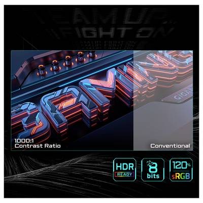 Vergleich von Monitoranzeigen: links zeigt Kontrastrate von 1000:1 mit lebendigen Farben; rechts zeigt konventionellen Bildschirm. Merkmale: HDR-fähig, 8 Bit, 120% sRGB.