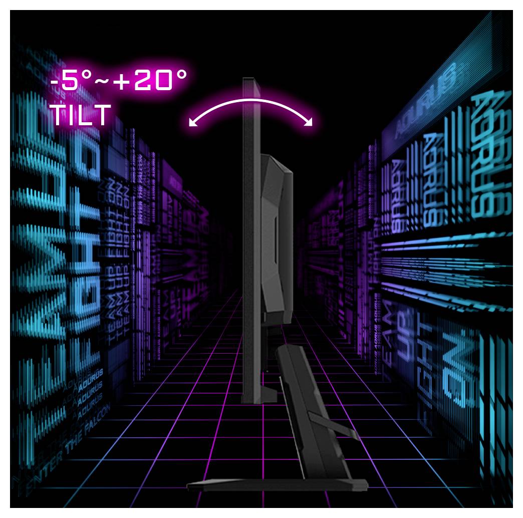 Eine Seitenansicht eines Computermonitors, die die Neigungsverstellung von -5 bis +20 Grad zeigt, mit digitalen Grafiken im Hintergrund.