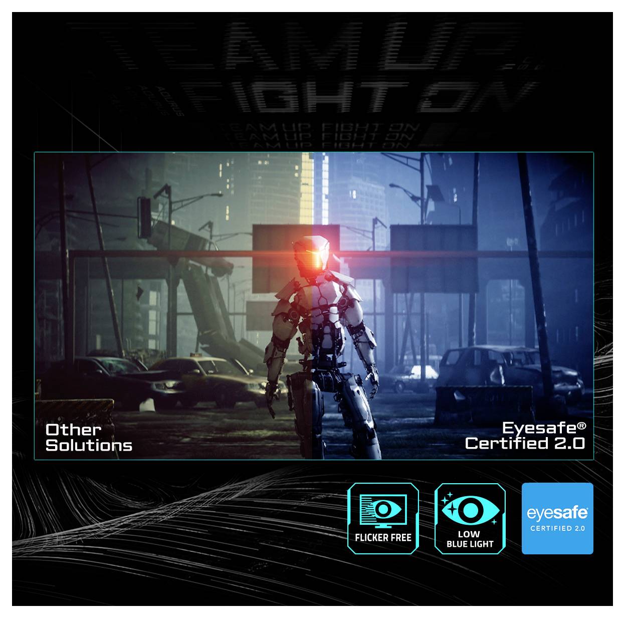 Das Bild "Andere Lösungen" zeigt einen Roboter in einer Stadtlandschaft mit dem "Eyesafe Certified 2.0" Abzeichen, das die geringe Blaulichtbelastung und flimmerfreie Technologie hervorhebt.