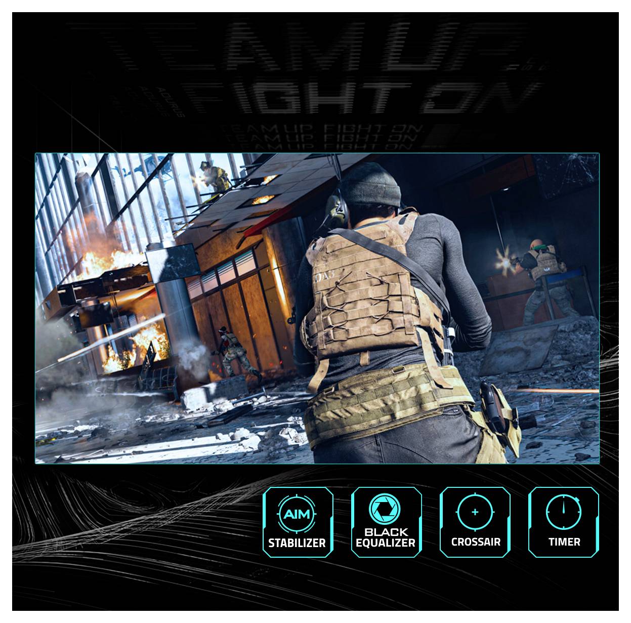 Eine taktische VideoSpielszene zeigt einen Soldaten in einer Kampfweste, der eine Waffe in einer brennenden, chaotischen Stadtlandschaft zielt, mit Spielfunktions-Icons darunter.