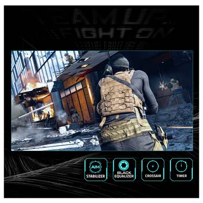 Eine taktische VideoSpielszene zeigt einen Soldaten in einer Kampfweste, der eine Waffe in einer brennenden, chaotischen Stadtlandschaft zielt, mit Spielfunktions-Icons darunter.