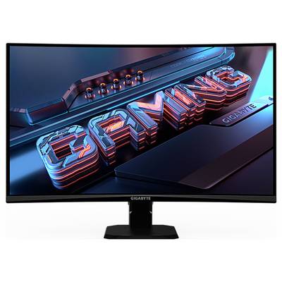 Ein gebogener Gigabyte-Gaming-Monitor zeigt das Wort "GAMING" in fetten, stilisierten Buchstaben mit einem futuristischen Design, wodurch sein Fokus auf Gaming betont wird.