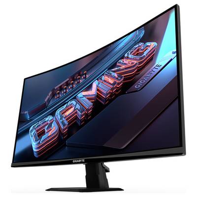 Gekrümmter Gaming-Monitor, der das Wort 'GAMING' in fetten, farbenfroh 3D-Buchstaben zeigt und damit sein Gaming-Design und seine Technologie hervorhebt.