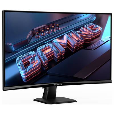 Das Bild zeigt einen Computermonitor, der eine 3D-Grafik des Wortes 'GAMING' in futuristischen Blau- und Rottönen präsentiert, markiert mit dem Gigabyte-Branding.