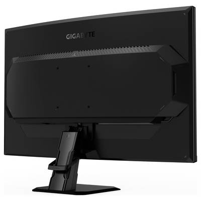 Eine Rückansicht eines schwarzen Gigabyte-Computermonitors auf einem Ständer, die das flache Rückenpaneel und das Gigabyte-Logo zeigt.