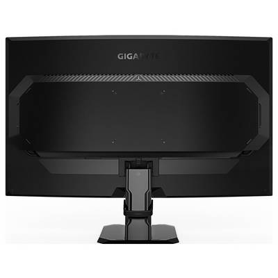 Ein schwarzer GIGABYTE-Computermonitor, von hinten gesehen, mit einem Ständer und einem belüfteten Bereich in der Nähe der Oberseite.