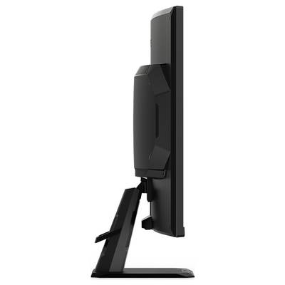 Seitenansicht eines schwarzen Computermonitors auf einem Ständer, der seinen schlanken Profil und seine verstellbare Konstruktion präsentiert, ideal für ergonomische Arbeitsplätze.