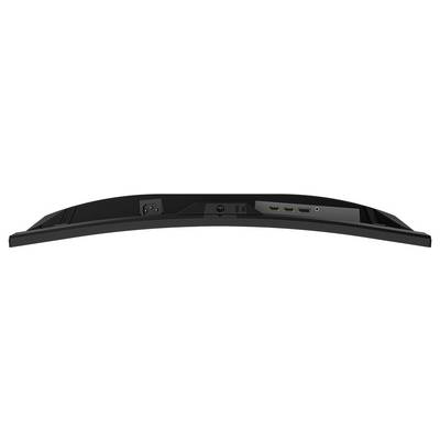Rückansicht eines gebogenen Monitors mit Anschlussfeld, das HDMI-, DisplayPort-, USB- und Stromanschlüsse zeigt.