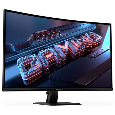 Gebogener Monitor, der ein lebendiges, 3D-futuristisches 'GAMING' Logo in roten und blauen Farbtönen über einem dunklen, technisch geprägten Hintergrund zeigt.