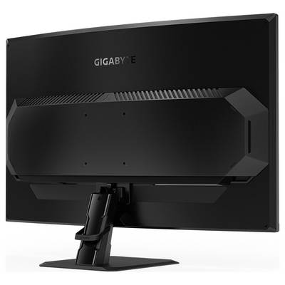 Ein schwarzer Gigabyte-Computermonitor, von hinten betrachtet, der seinen Ständer und sein Belüftungsdesign zeigt.