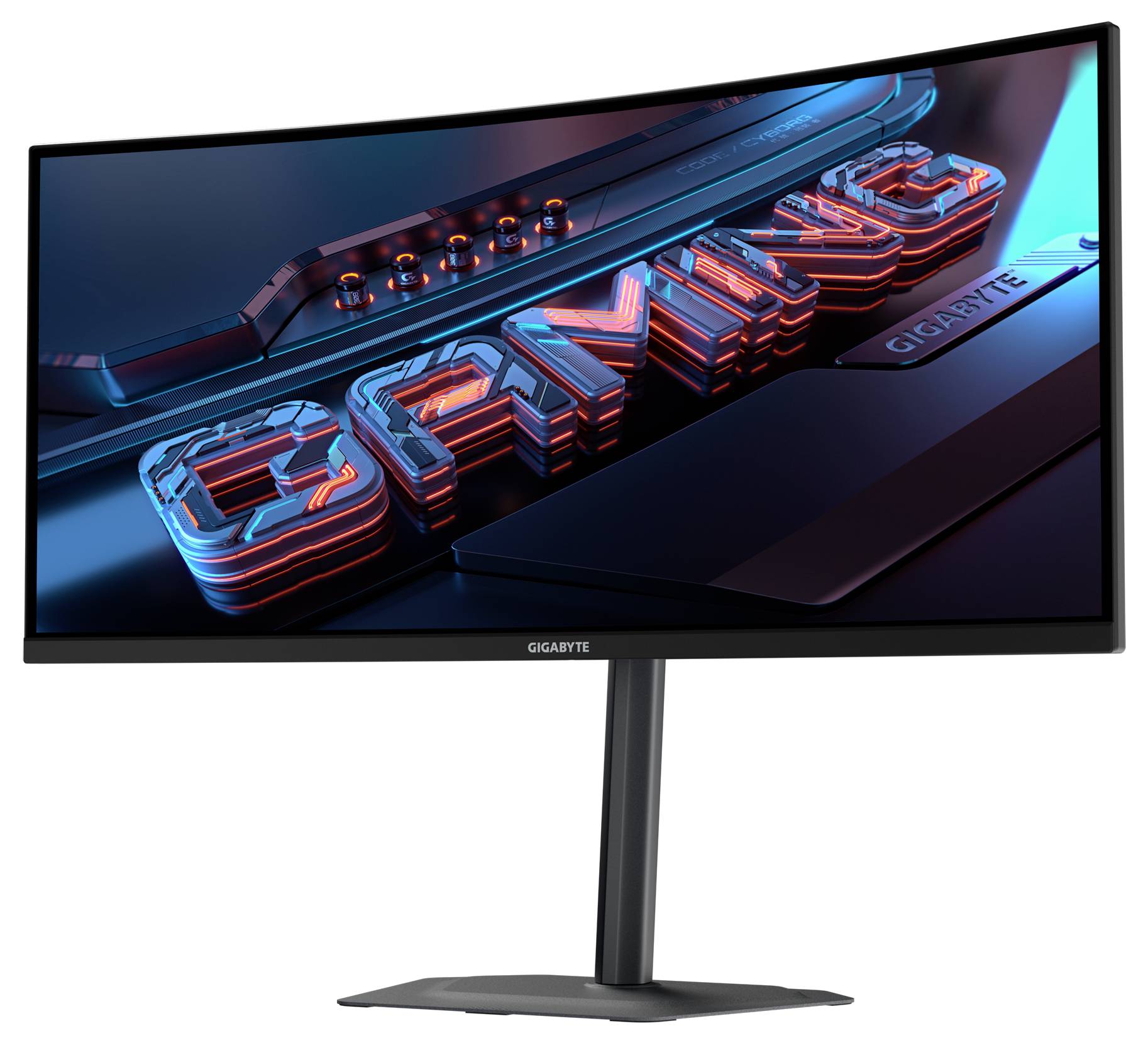Gebogener Gaming-Monitor mit der Aufschrift "GAMING" auf dem Bildschirm, montiert auf einem schlanken Ständer.