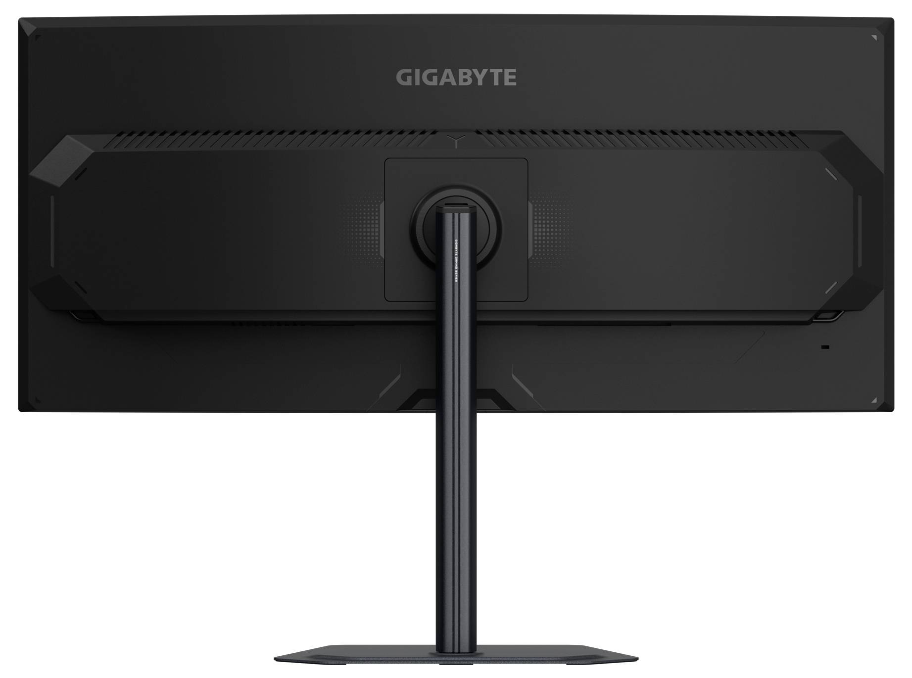 Rückansicht eines schwarzen GIGABYTE-Computermonitors auf einem Ständer, die sein schlankes Design und seine Befestigungsmerkmale zeigt.