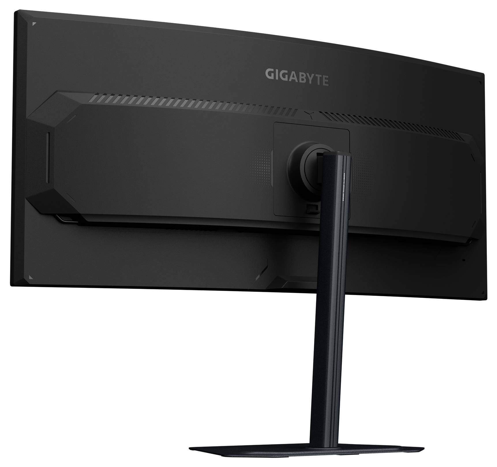 Ein schwarzer Gigabyte-Computermonitor, von hinten betrachtet, der seinen Ständer und seine Rahmengestaltung zeigt.