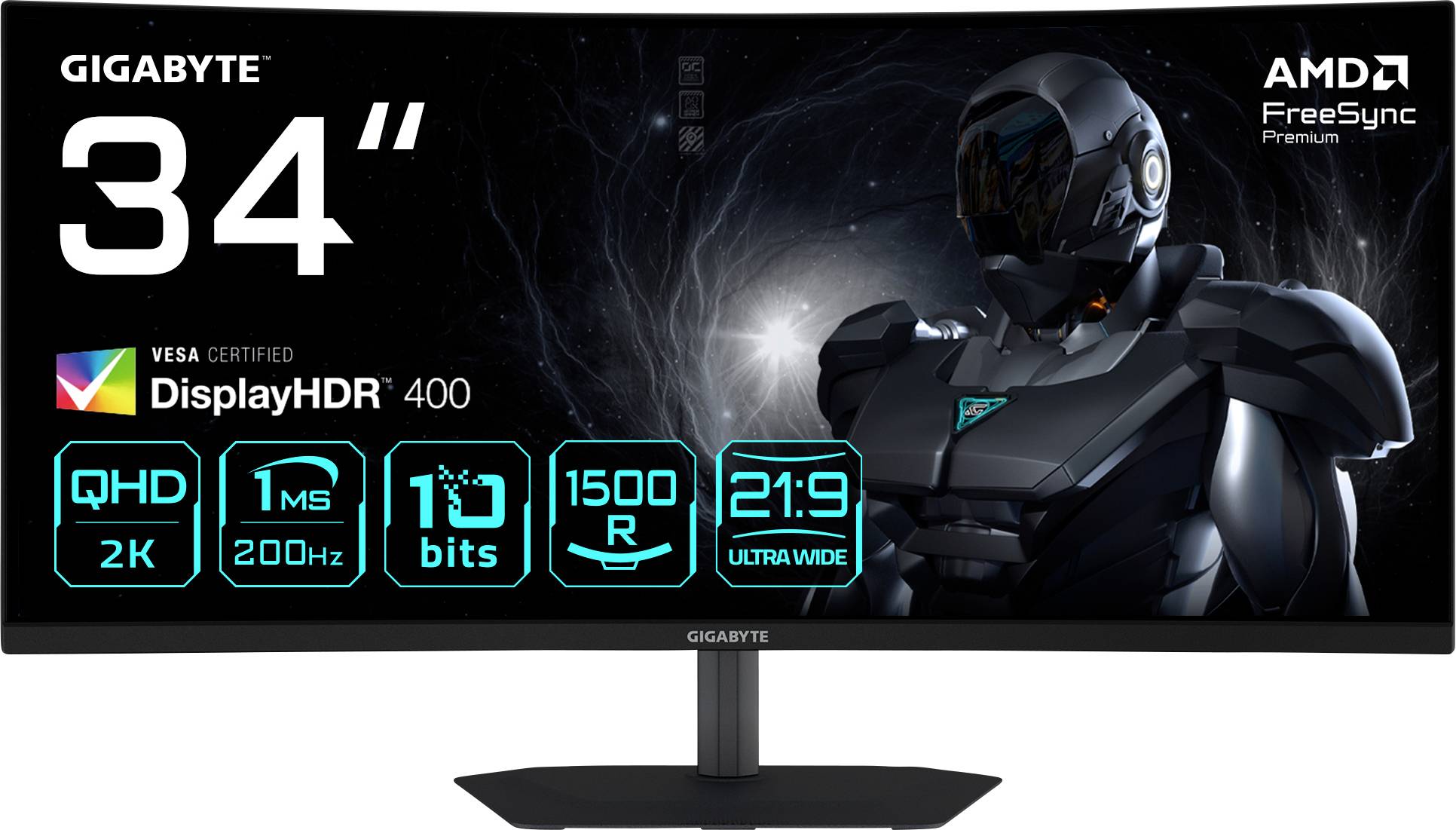 Ein großer, gebogener Gaming-Monitor-Bildschirm mit Spezifikationen: 34" Bildschirm, QHD 2K, 1 ms Reaktionszeit, 200 Hz, 10-Bit-Farbe, 1500R-Krümmung, 21:9 Ultrawide.