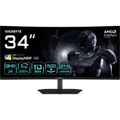 Ein großer, gebogener Gaming-Monitor-Bildschirm mit Spezifikationen: 34" Bildschirm, QHD 2K, 1 ms Reaktionszeit, 200 Hz, 10-Bit-Farbe, 1500R-Krümmung, 21:9 Ultrawide.