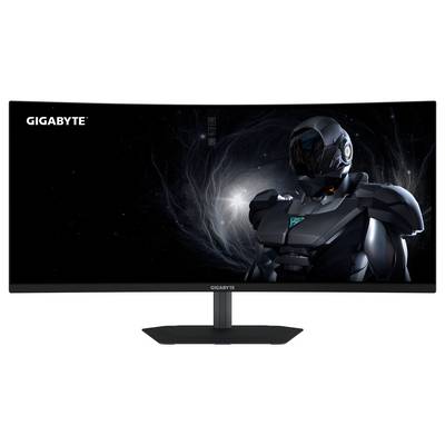 Ein Gigabyte-Curved-Monitor, der eine futuristische Rüstungsfigur vor einem kosmischen Hintergrund zeigt.