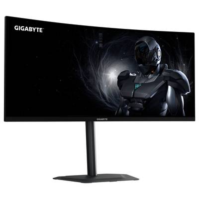 Ein gebogener GIGABYTE-Monitor zeigt einen Sci-Fi-Roboter vor einem dunklen weltraumartigen Hintergrund und betont die Größe des Bildschirms sowie die immersiven Visuals.