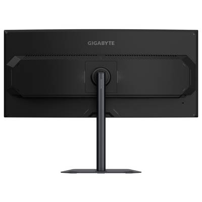Ein Gigabyte-Monitor von hinten betrachtet, der ein schlankes Design mit einem zentralen Ständer und dem Markenlogo an der Oberseite zeigt.