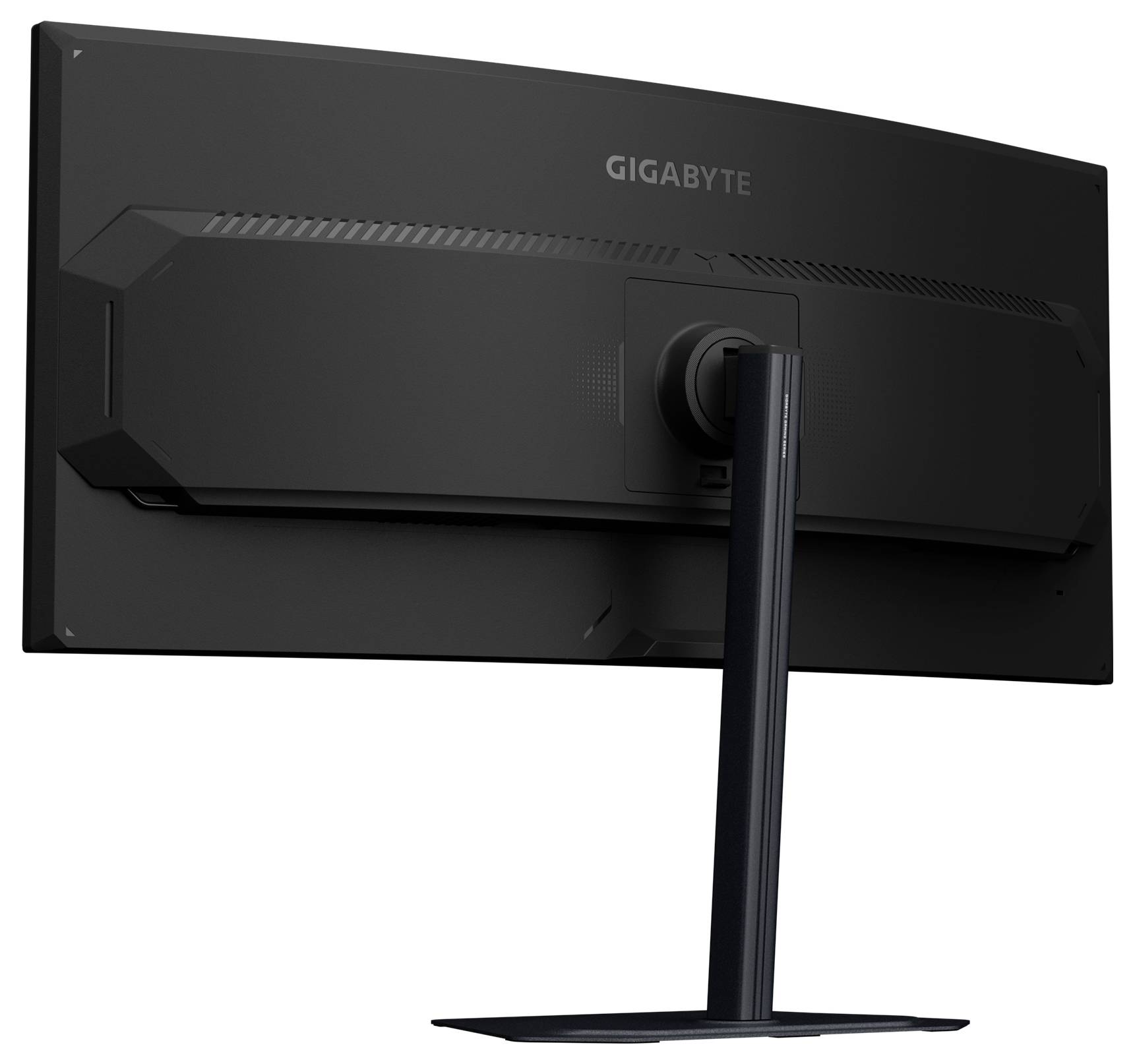 Rückansicht eines Gigabyte-Computermonitors mit einem breiten, curved Bildschirm und verstellbarer Standfläche, die sein elegantes Design und die Anschlüsse hervorhebt.