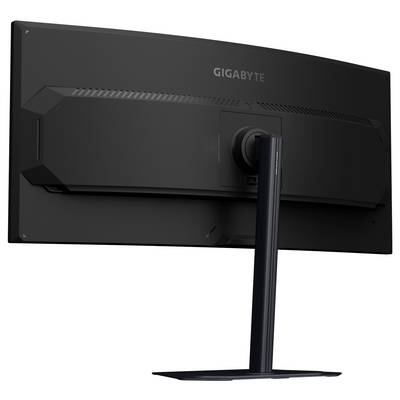 Rückansicht eines Gigabyte-Computermonitors mit einem breiten, curved Bildschirm und verstellbarer Standfläche, die sein elegantes Design und die Anschlüsse hervorhebt.