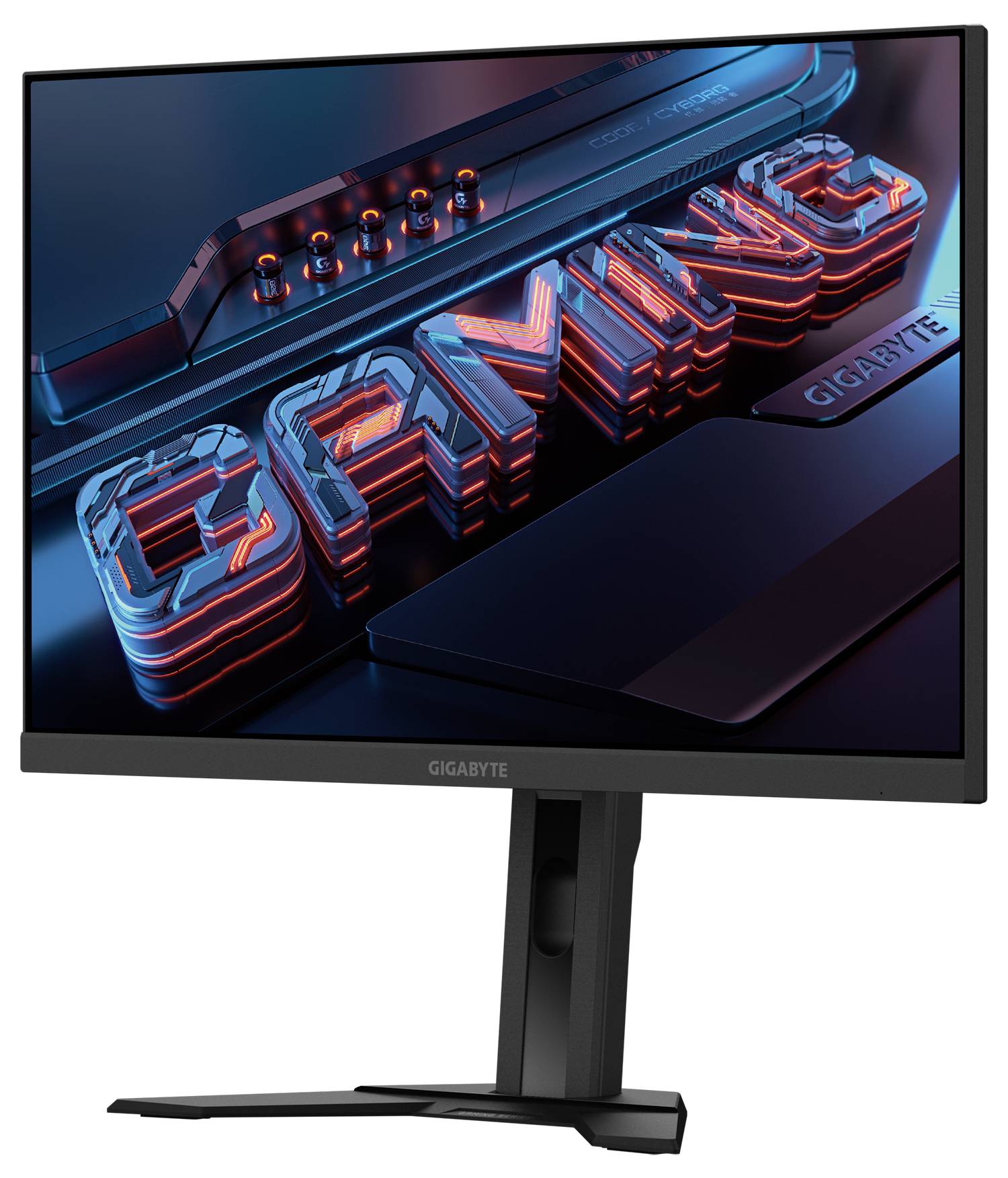 Ein Monitor, der das Wort "GAMING" in 3D zeigt, mit einem futuristischen Designthema und dem Markennamen "GIGABYTE" an der Seite.