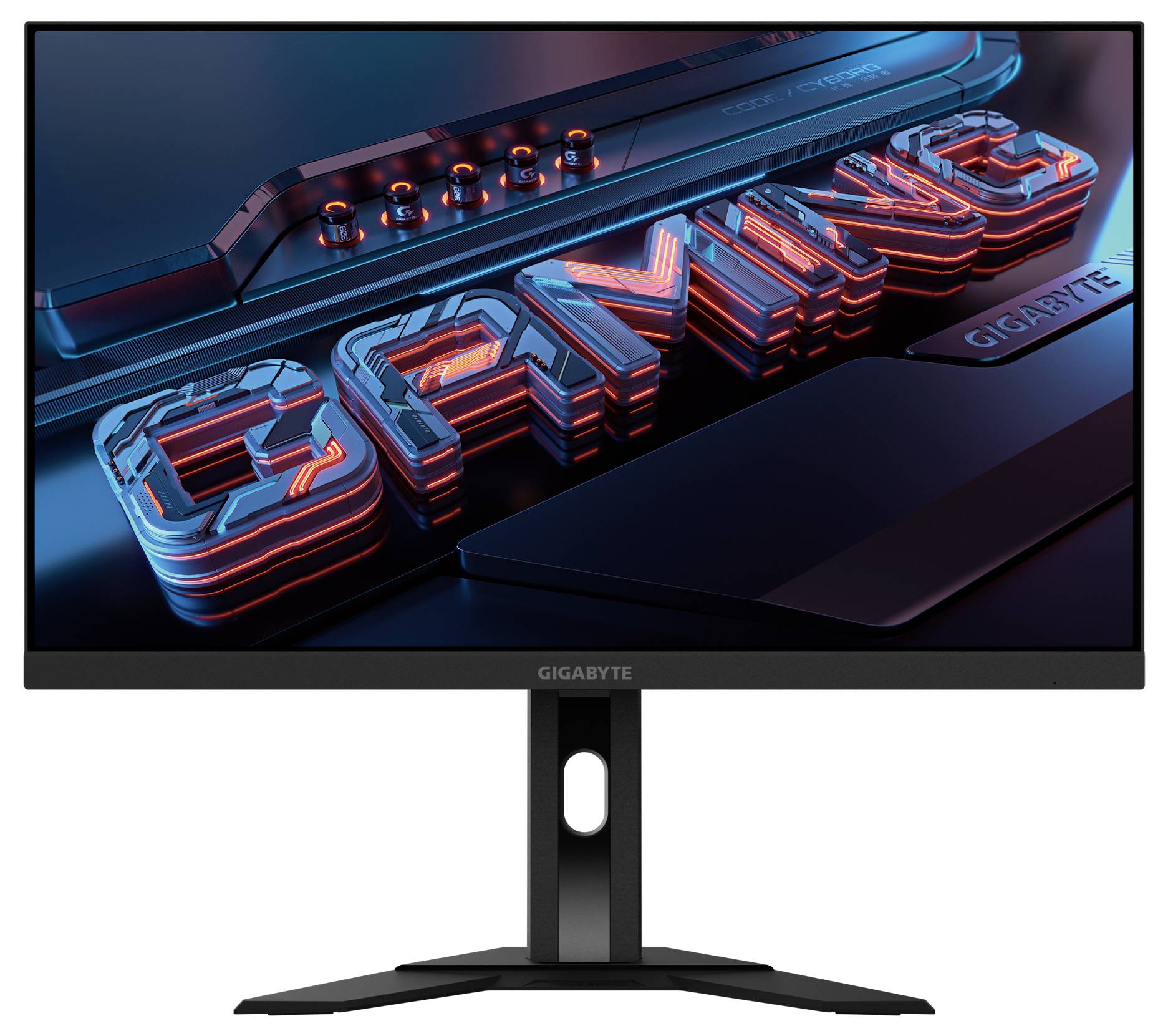 Ein Computermonitor zeigt das Wort 'GAMING' in fetten, roten 3D-Buchstaben mit futuristischem Designthema auf einem schwarzen, cleanen Ständer.