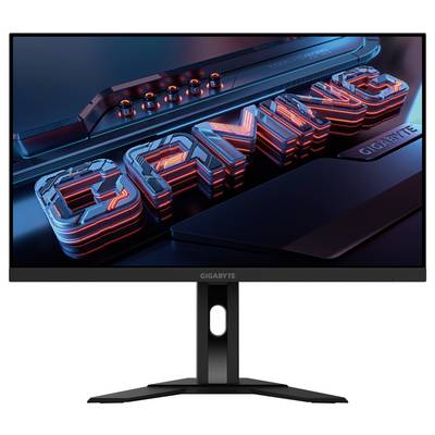Ein Computermonitor zeigt das Wort 'GAMING' in fetten, roten 3D-Buchstaben mit futuristischem Designthema auf einem schwarzen, cleanen Ständer.