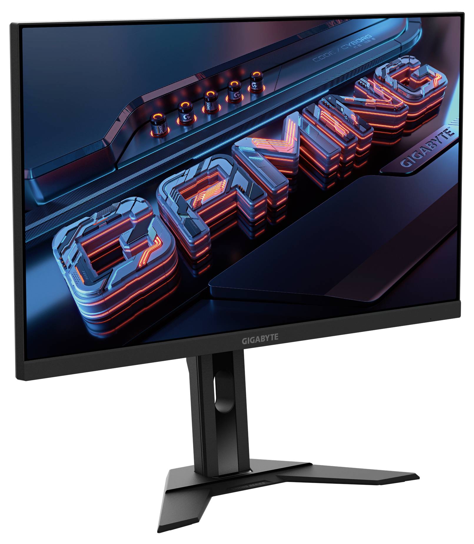 Gaming-Monitor, der das Wort 'GAMING' in fetter, stilisierter 3D-Schrift mit futuristischen Designelementen anzeigt.
