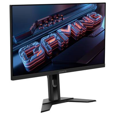 Gaming-Monitor, der das Wort 'GAMING' in fetter, stilisierter 3D-Schrift mit futuristischen Designelementen anzeigt.