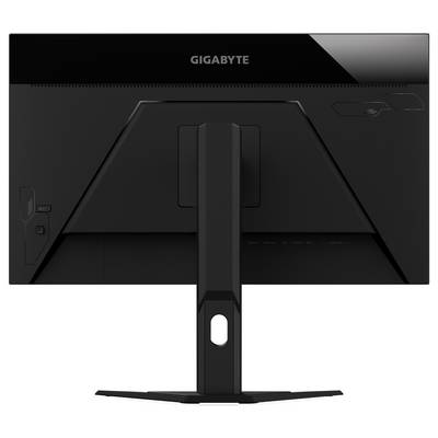 Ein Monitor mit einem schwarzen Ständer, Rückansicht, mit dem Markennamen 'Gigabyte' oben.