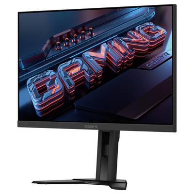 Ein schwarzer Computermonitor, von hinten gezeigt, mit elegantem Design auf einem stabilen Ständer, wobei der Markenname 'GIGABYTE' oben zu sehen ist.