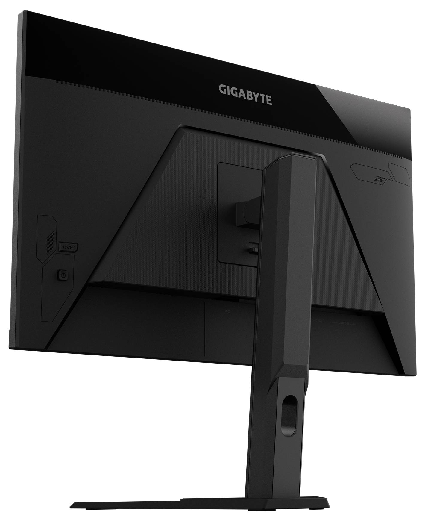 Rückansicht eines schwarzen Computermonitors mit der Markenbezeichnung "Gigabyte", der einen eleganten Ständer und eine verstellbare Halterung zeigt.