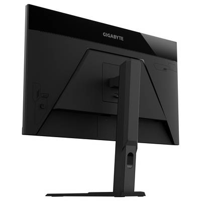 Rückansicht eines schwarzen Computermonitors mit der Markenbezeichnung "Gigabyte", der einen eleganten Ständer und eine verstellbare Halterung zeigt.