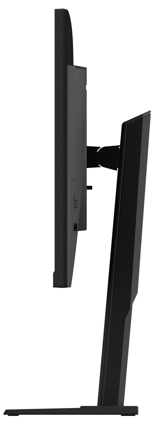 Seitenansicht eines schlanken schwarzen Computermonitors auf einem Ständer, der seinen schmalen Profil und seine ergonomische Neigungsverstellungsfunktion präsentiert.